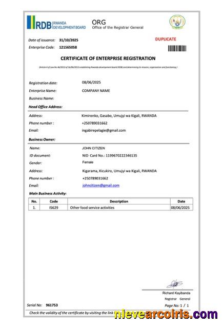 Rwanda certificate of enterprise registration, version 2